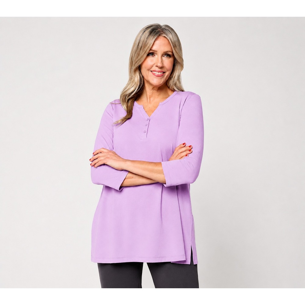 Denim & Co. Essentials Petite So Soft Jersey Henley Tunic Pink Lavender, Petite